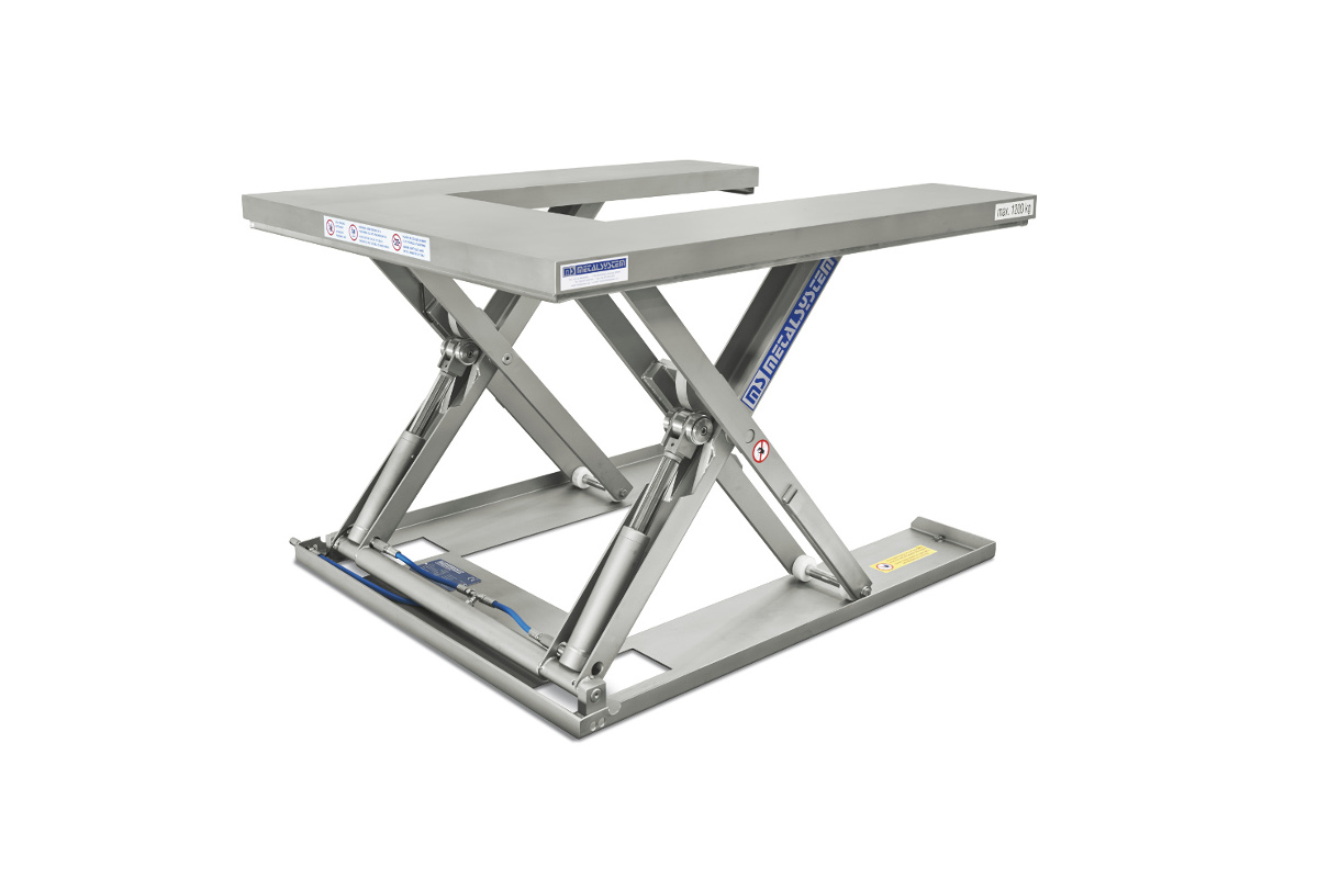 Low-profile, stainless-steel table. U-shaped.