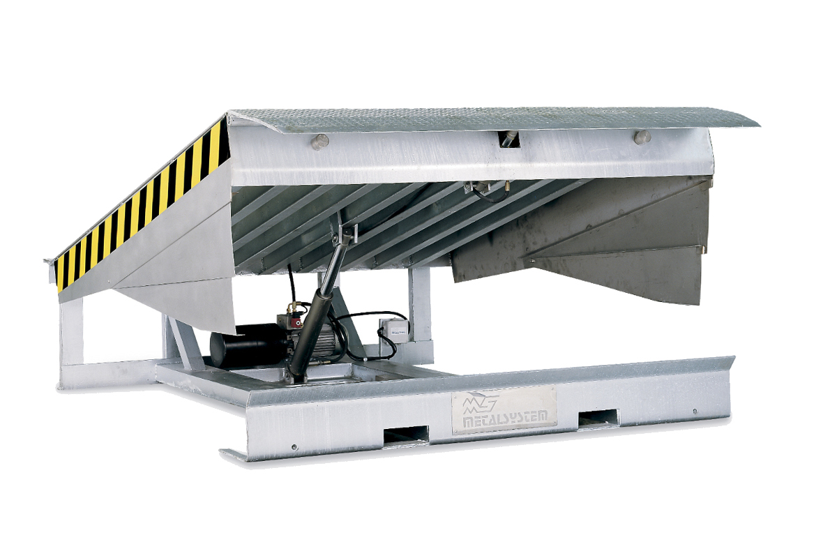 Dock leveller with hinged lip. Galvanised and stainless steel.
