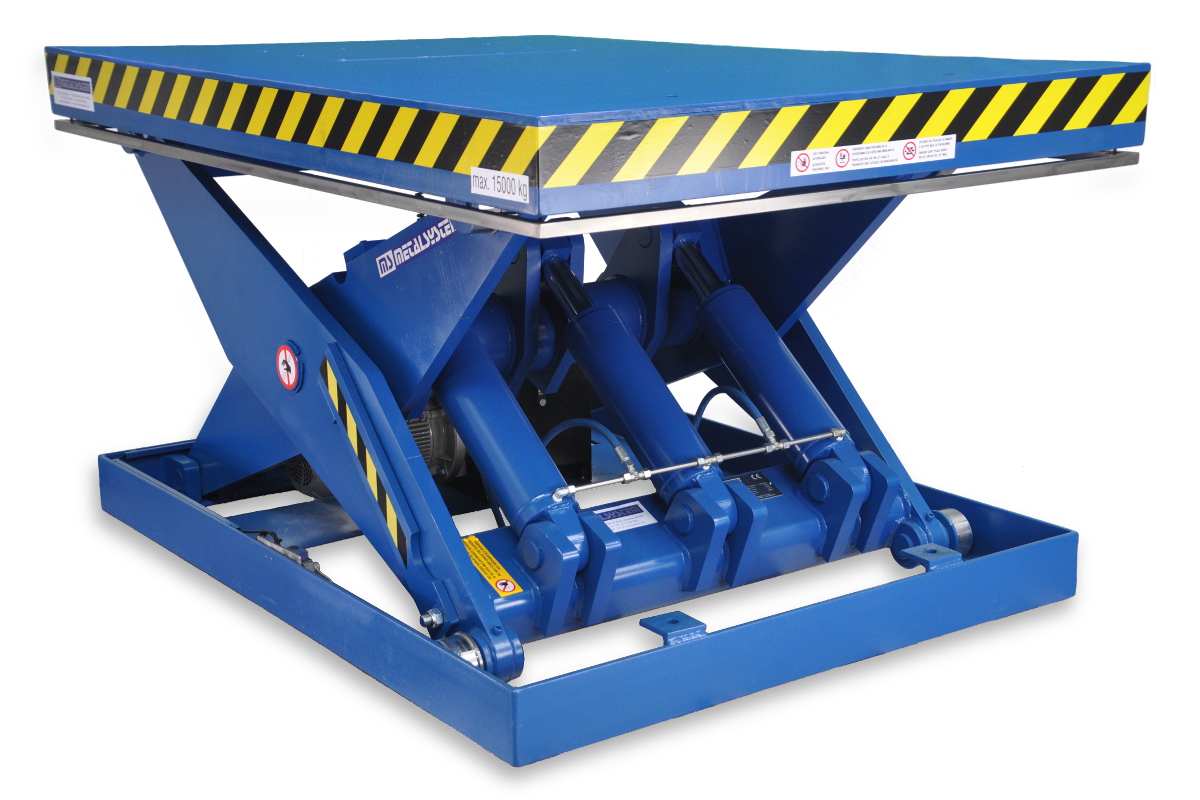 MSAP-140-12,5/15 LIFTING TABLE Painted steel Max. load capacity 15000 Kg. Net lifting : 1250 mm. Platform size 1500 x 2200mm.